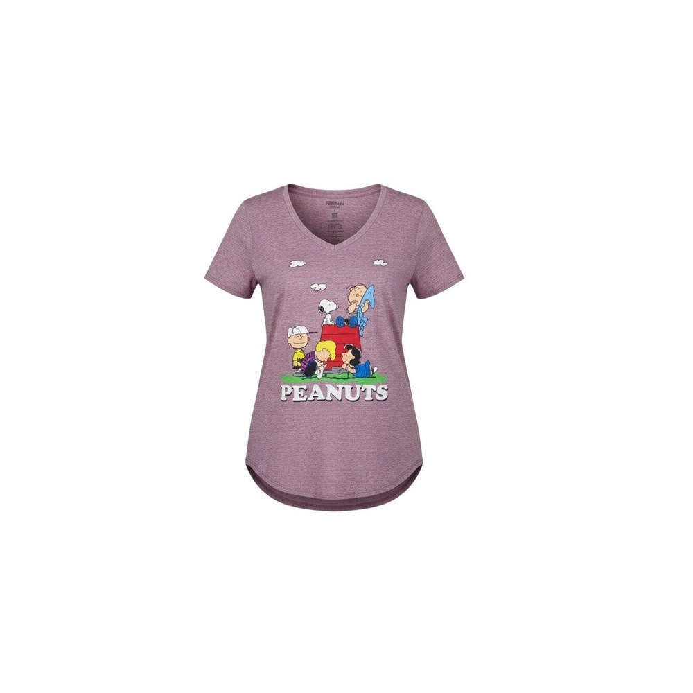 Peanuts Graphic T-Shirt Womens L Purple Heather V-Neck Snoopy Charlie Brown Gang